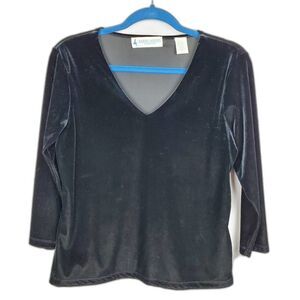 VINTAGE Black Velvet V Neck 3/4 Sleeve Blouse Medium